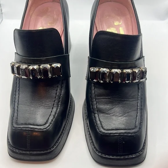 RAS black chunky heel leather loafer square toe/heel w/jewel detail SZ 39 US 9 - Picture 13 of 13
